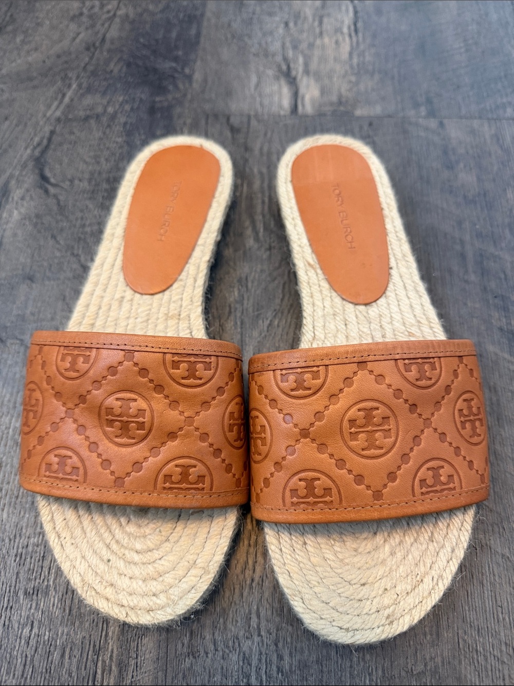 Tory Burch Tan Embossed Leather Slide Espadrille Sandals